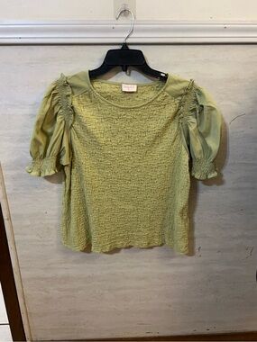 Velvet Pistachio Puff Sleeve Smocked Top